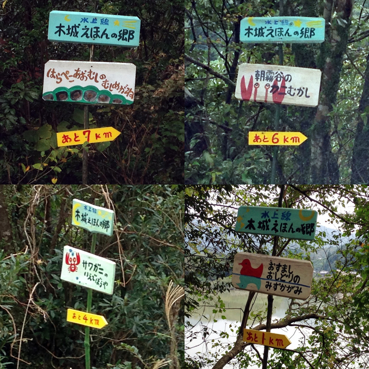 木に括り付けられたカラフルな看板の4枚の写真