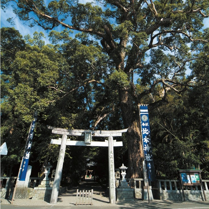 比木神社と書かれた青いのぼりが掲げられている比木神社の鳥居の写真